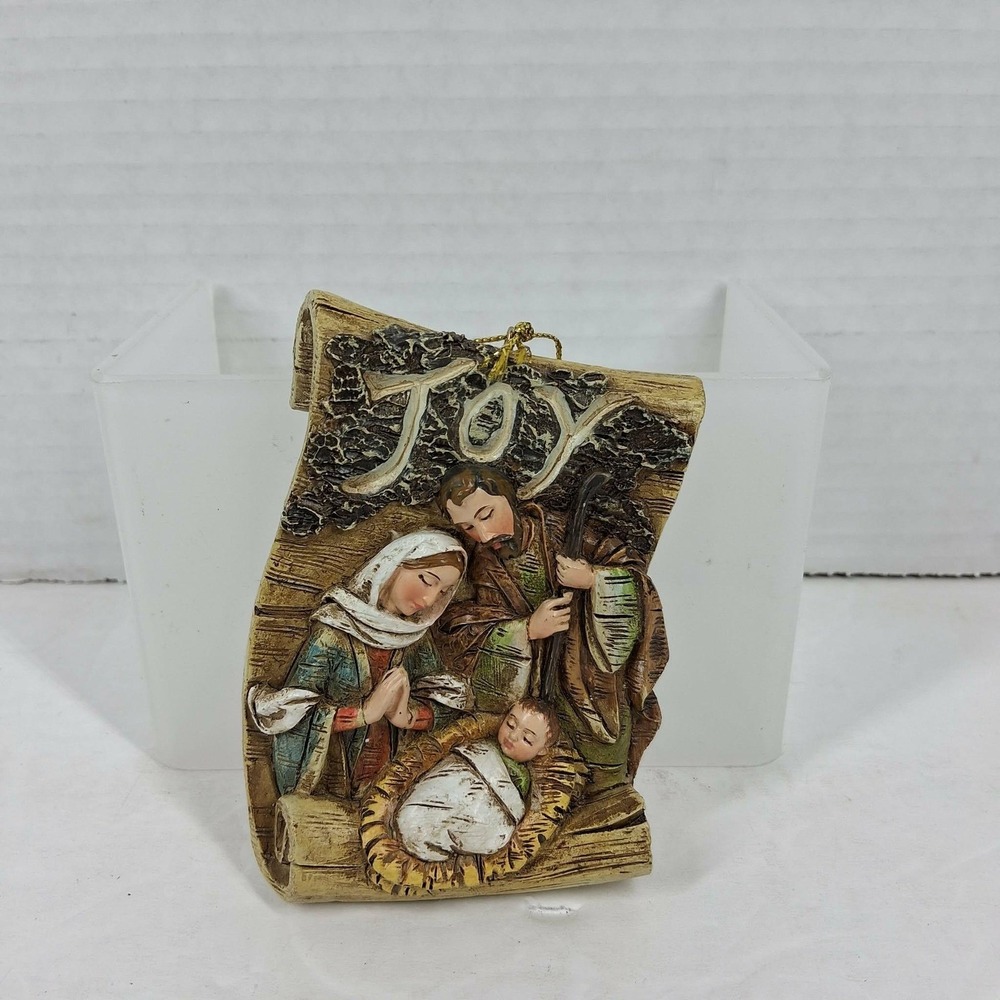 Joy Holy Family Nativity Scroll Christmas Ornament Resin Mary Joseph Baby Jesus